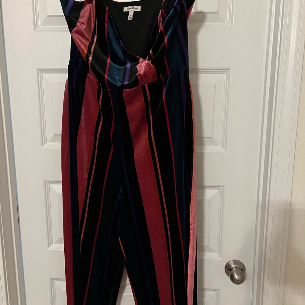 Speechless Black and Red Striped Jumpsuit with V-Neck